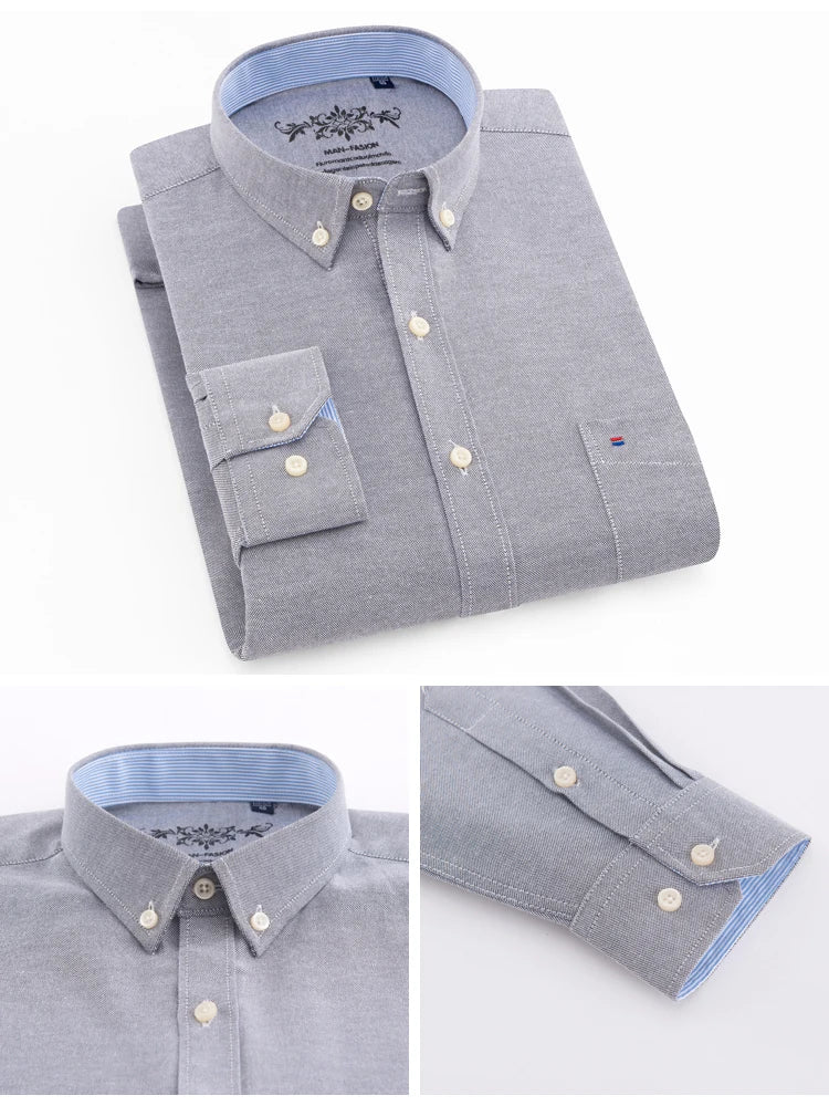 Camisa casual de trabalho listrada xadrez oxford de manga comprida masculina com bolso, camisas de botão de ajuste regular de mistura de algodão primavera outono