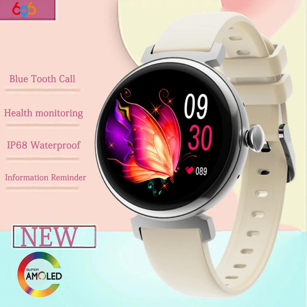 Amoled tela hd azul dente chamada smartwatch feminino relógios inteligentes à prova dwaterproof água esportes monitor de saúde freqüência cardíaca notificação mensagem