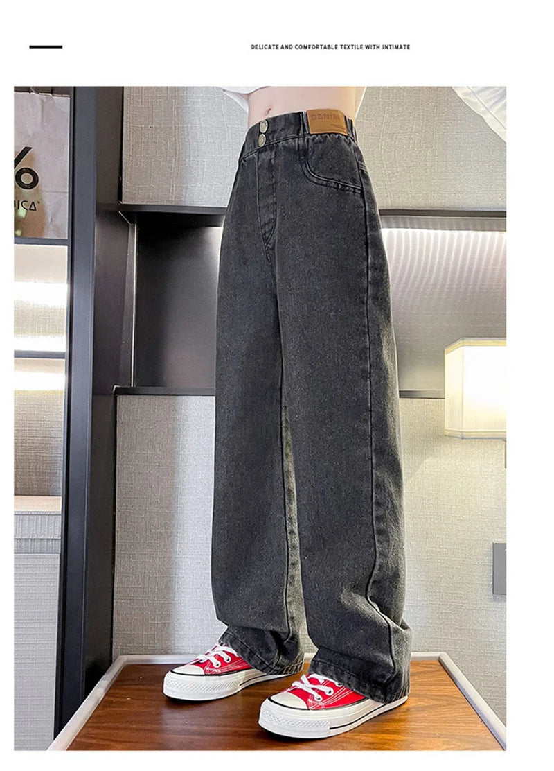 Jeans casuais soltos para meninas, calças longas retas para a escola, perna larga, para crianças de 5 a 14 anos, outono