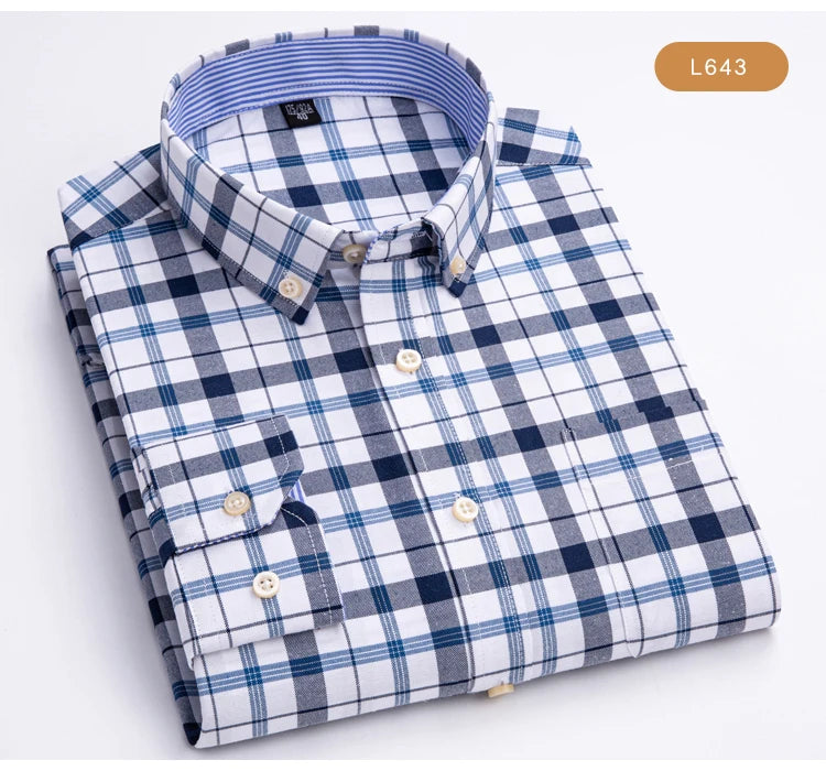Camisas de vestido de algodão com design de gola de lapela listrada xadrez na moda masculina, camisa casual de manga comprida com botões para primavera/outono