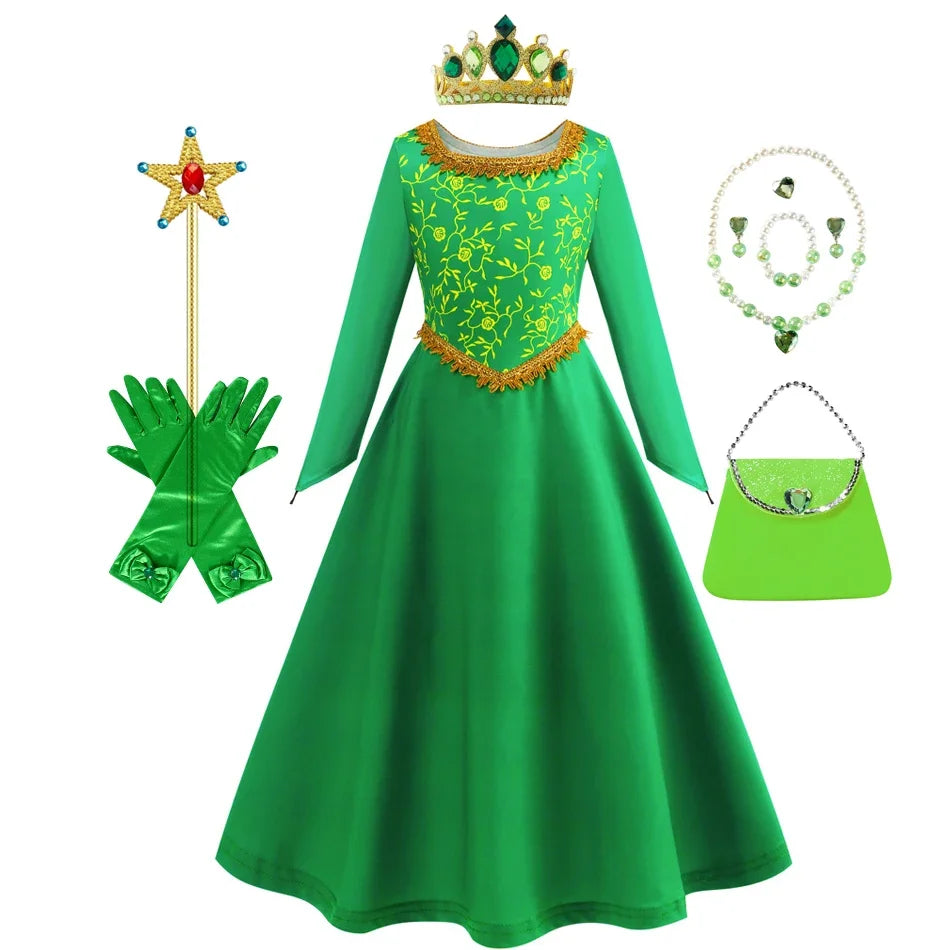 Fantasia fiona cosplay meninas vestido verde roupas dos desenhos animados monstro traje disfarce crianças role play roupas de halloween crianças