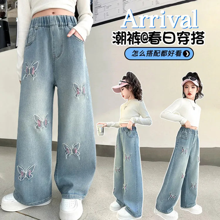 Coreano menina perna larga jeans com lindas borboletas crianças cintura alta solta calças jeans adolescente casual jeans crianças