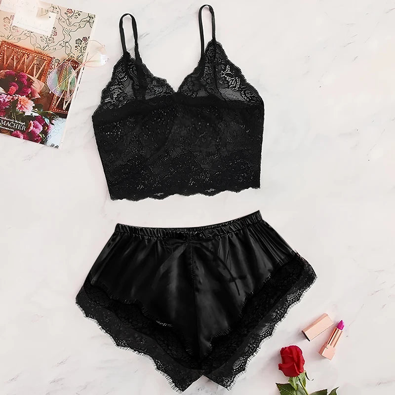 Conjunto de pijama de renda sexy feminino, 2 peças, bralette transparente, top e shorts, roupa de dormir respirável, plus size, lingerie de verão