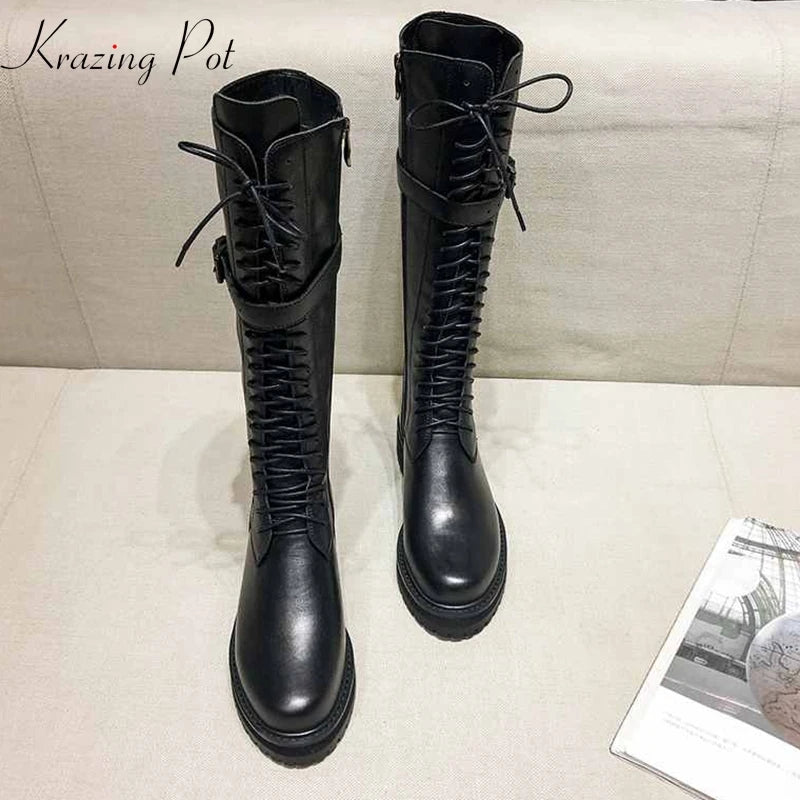 Krazing pot-botas de couro genuíno com cordões e saltos baixos, dedo do pé redondo, punk, superstar, fecho de fivela, sobre o joelho, tamanho grande