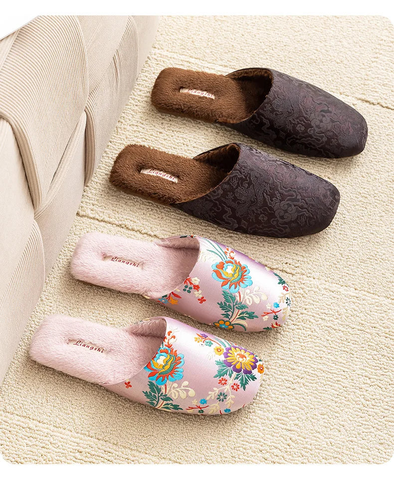 Chinelos de casa femininos homens inverno calor chinelos interiores senhoras sapatos bordados flor chinelos para mulher sapatos de casa