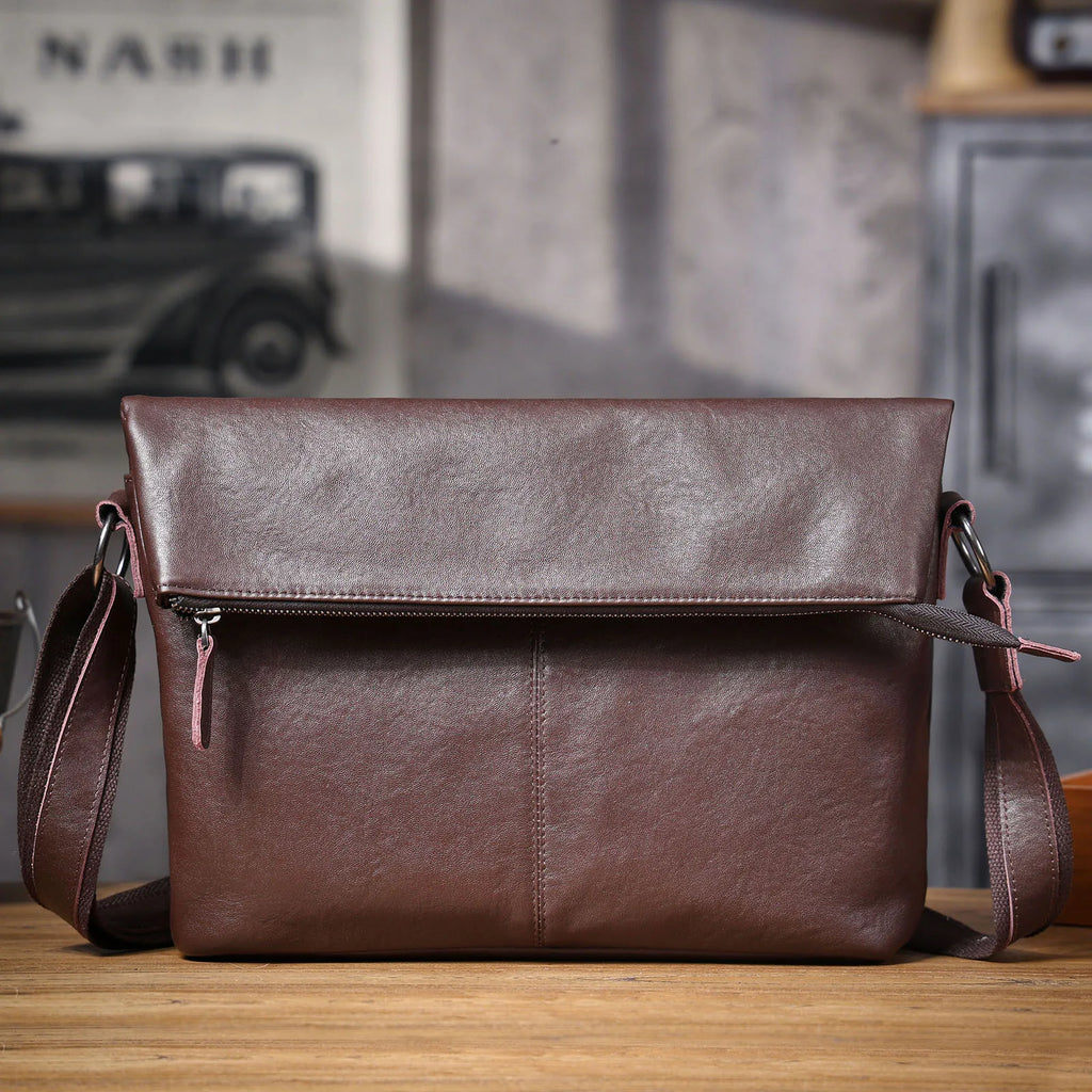 Bolsa de Ombro Masculina em Couro Genuíno, Bolsa Transversal para Laptop, Couro Bovino de Camada Superior, Couro Vegetal, Moda Casual