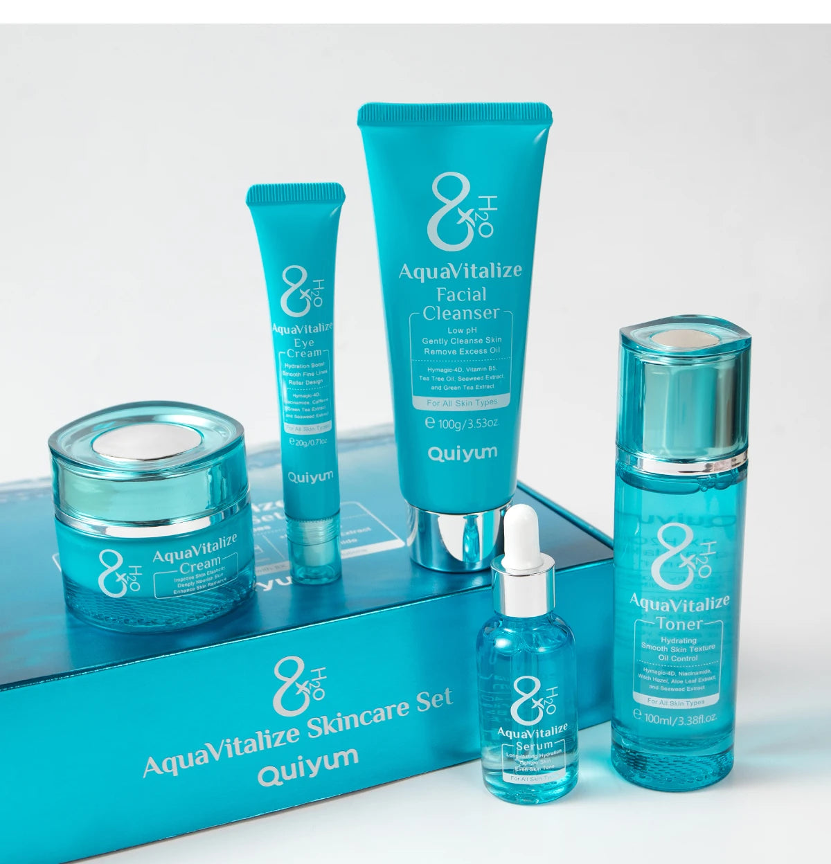 QUIYUM 8X H2O AquaVitalize Skincare Set 5PCS Kit de hidratação profunda Rugas Suavização Tratamento de aperto Conjunto de presente