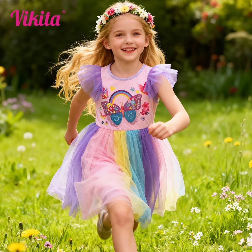 Vestido de verão com estampa de borboleta e flor para crianças, vestido rosa colorido para festa, férias, uso diário, vestidos de princesa, roupas infantis