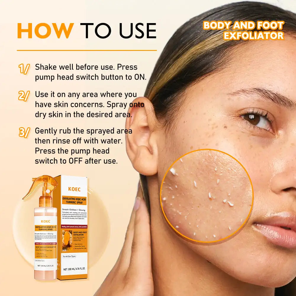 200ml Spray Esfoliante KOEC com Ácido Kójico e Cúrcuma Suaviza, Ilumina, Hidrata, Remove Células Mortas, Melhora a Textura da Pele e Limpa os Poros.