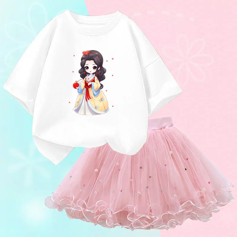 Roupas de verão para meninas, camiseta fofa de gato e saia tutu de malha, conjunto de duas peças, roupas coreanas para crianças de 3 a 14 anos