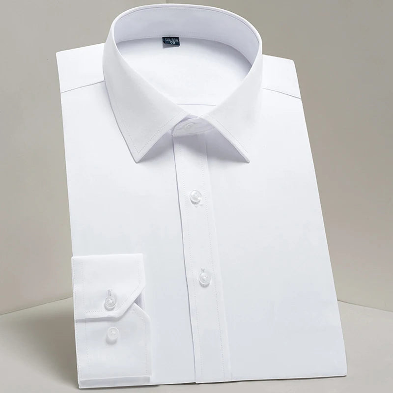 Camisas sociais masculinas clássicas de manga comprida, ajuste padrão, formal, negócios, social, simples, design básico, branco, trabalho, escritório, camisa casual