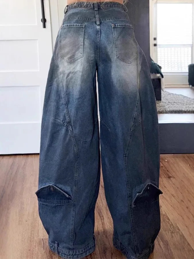 Calças de brim calças de perna larga mulheres vintage denims calças soltas estiramento meados de cintura lavado angustiado até o chão 2025 streetwear
