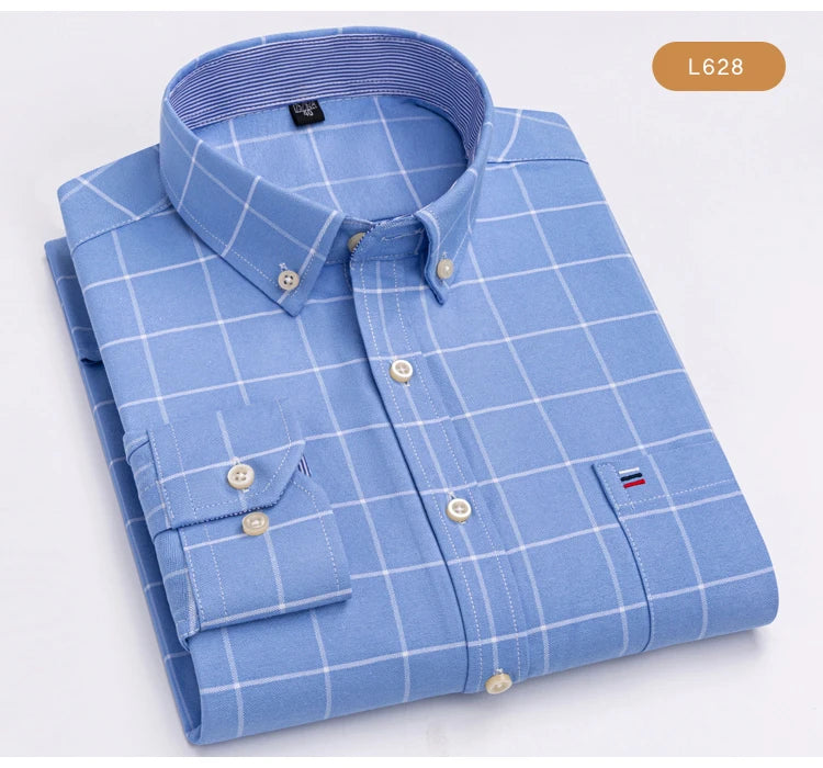 Camisas de vestido de algodão com design de gola de lapela listrada xadrez na moda masculina, camisa casual de manga comprida com botões para primavera/outono