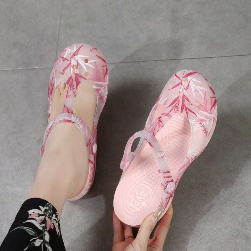Tamancos de bambu respiráveis femininos, sandálias femininas, mulas femininas, sapatos de jardim, chinelos, fundo macio, plataforma, praia, 35-40, verão