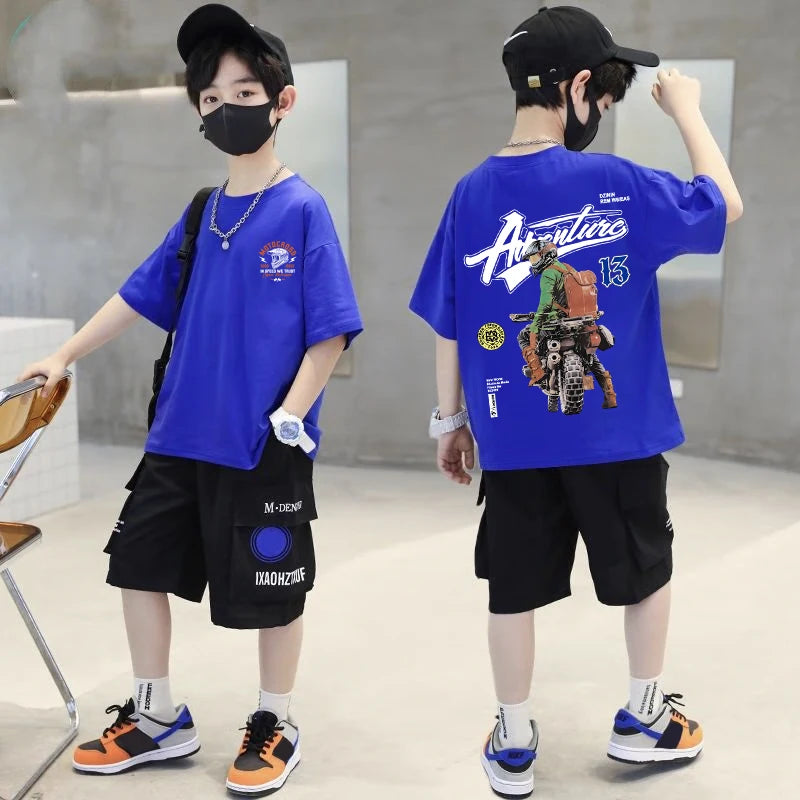 Roupas infantis coreanas 2025 meninos motocicleta camiseta gráfica verão manga curta 100% algodão solto crianças topo roupas infantis