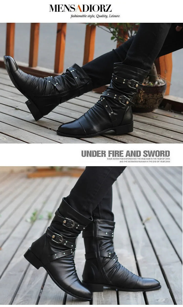 Inverno apontou toe botas de cano médio masculino fivela cinta chelsea bota para homens de couro botas de motocicleta alta superior homem sapato de inverno
