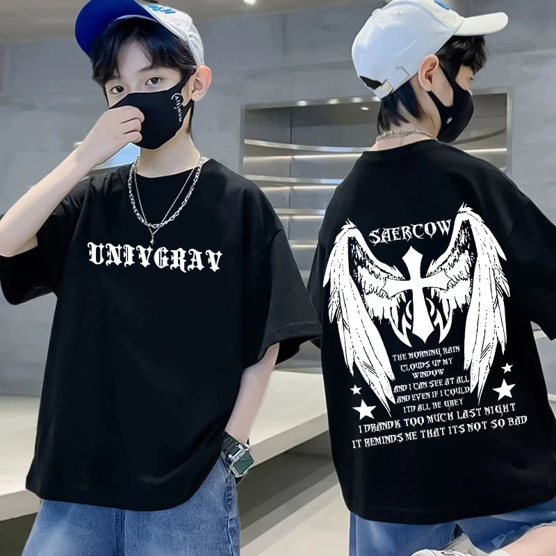 Graffiti impressão camiseta de manga curta infantil, 100% algodão, verão streetwear, meninas tees, crianças tops, roupas de crianças, alta qualidade