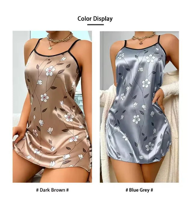 Pijamas femininos verão floral impressão cetim camisola casual sem mangas sem costas deslizamento noite vestido sexy camisola roupas de casa