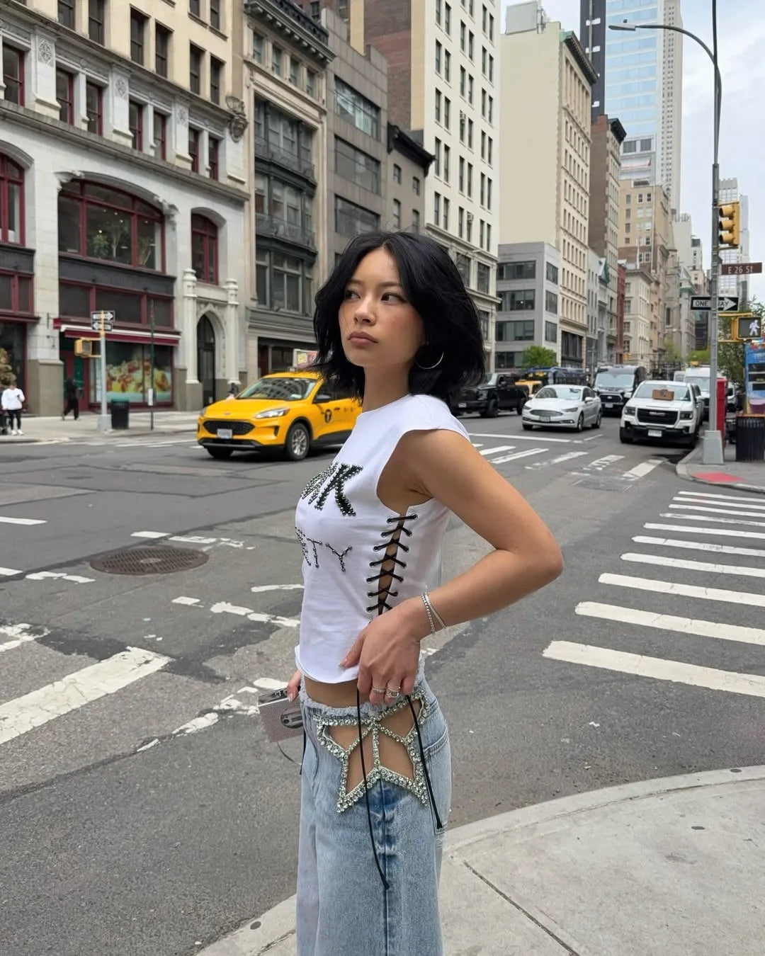 Calça Jeans Feminina Y2K Chic com Estrelas e Diamantes, Cintura Baixa, Recortes Laterais, Perna Larga Solta, Estilo Hip-Hop Streetwear Retrô Elegante
