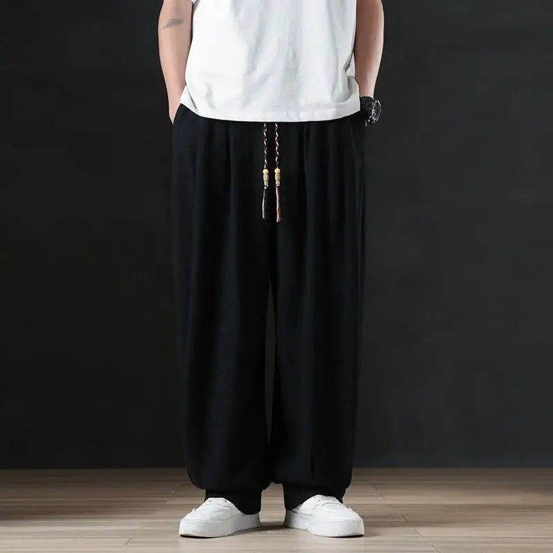 Calça masculina casual de linho verão leve solta de perna reta