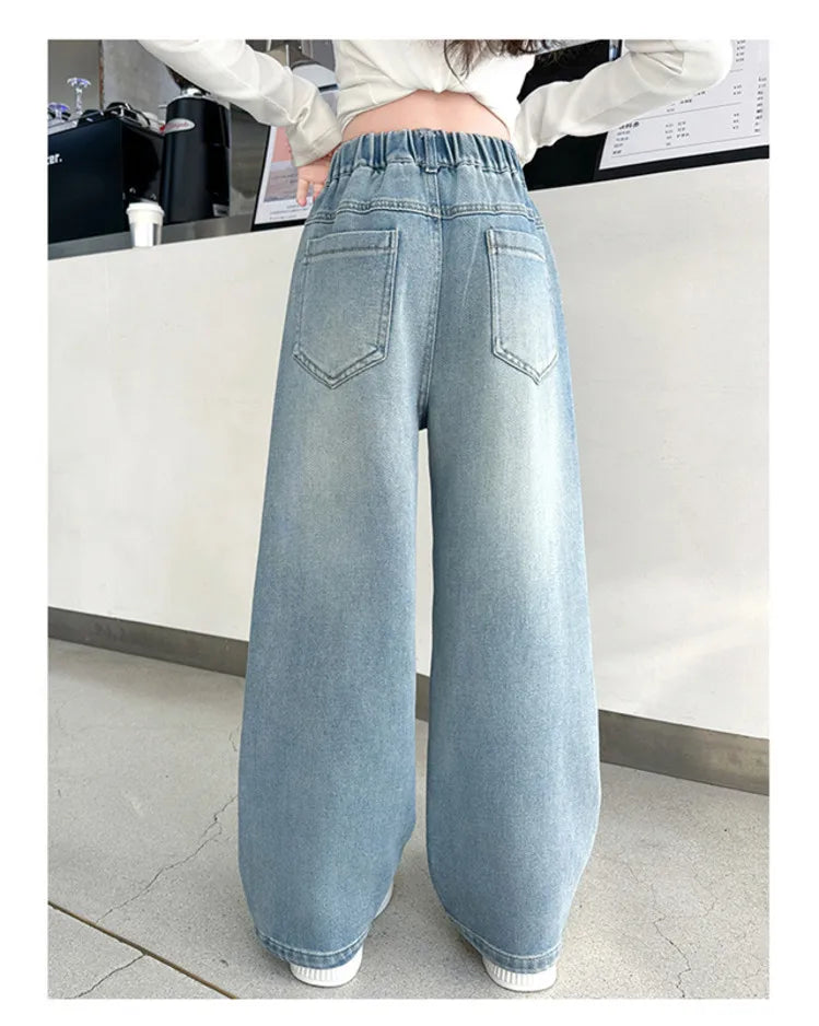 Coreano menina perna larga jeans com lindas borboletas crianças cintura alta solta calças jeans adolescente casual jeans crianças