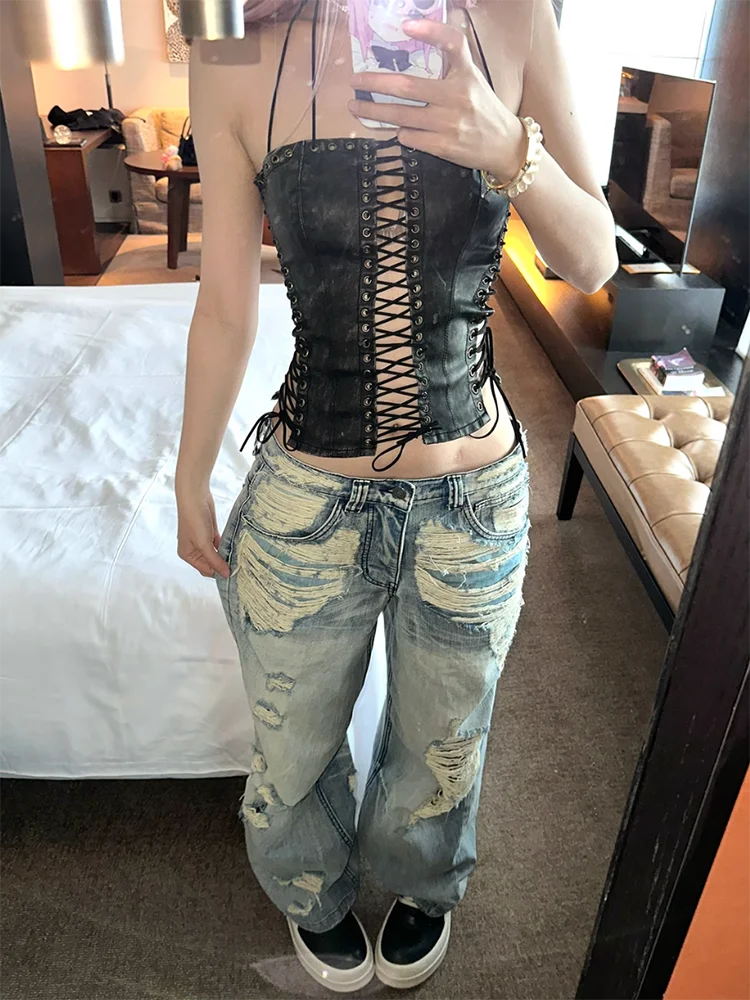 High street hottie vintage buraco jeans feminino y2k moda cintura alta baggy calças de perna larga 2025 casual jeans soltos