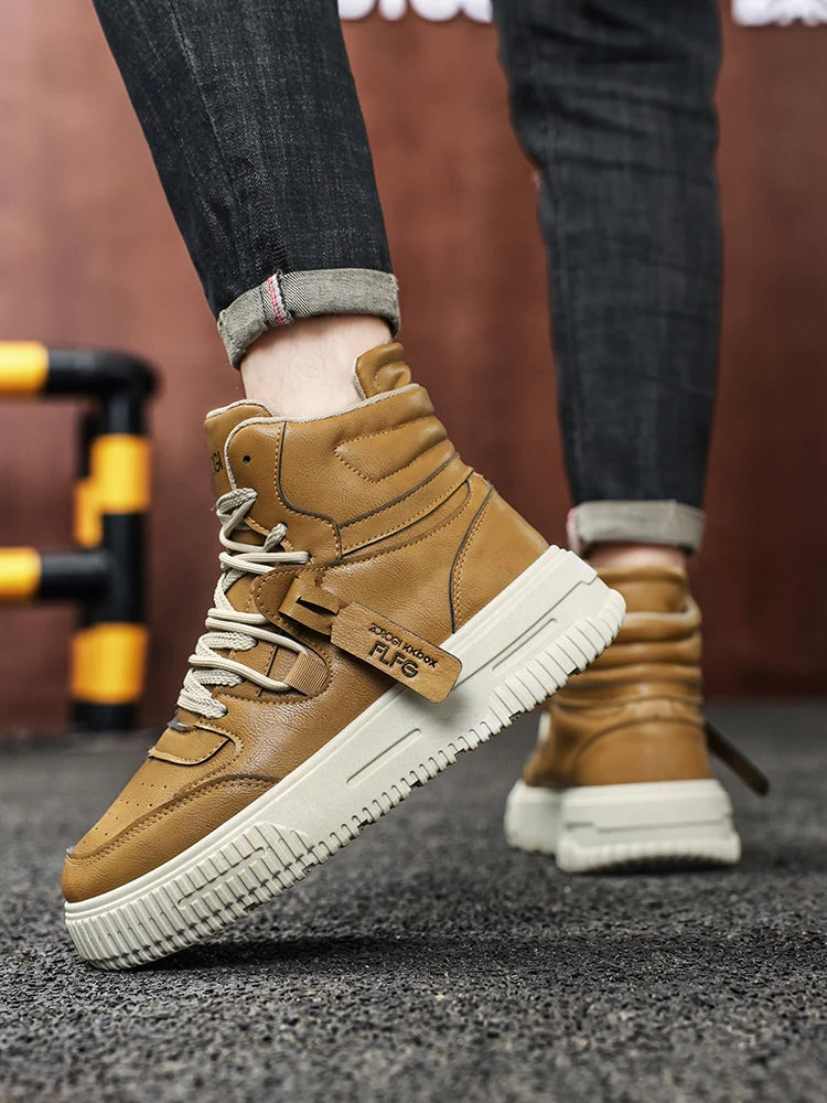 Sapatos masculinos de cano alto de inverno, sapatos esportivos casuais de couro, roupas de trabalho retrô, sapatos esportivos casuais versáteis e modernos