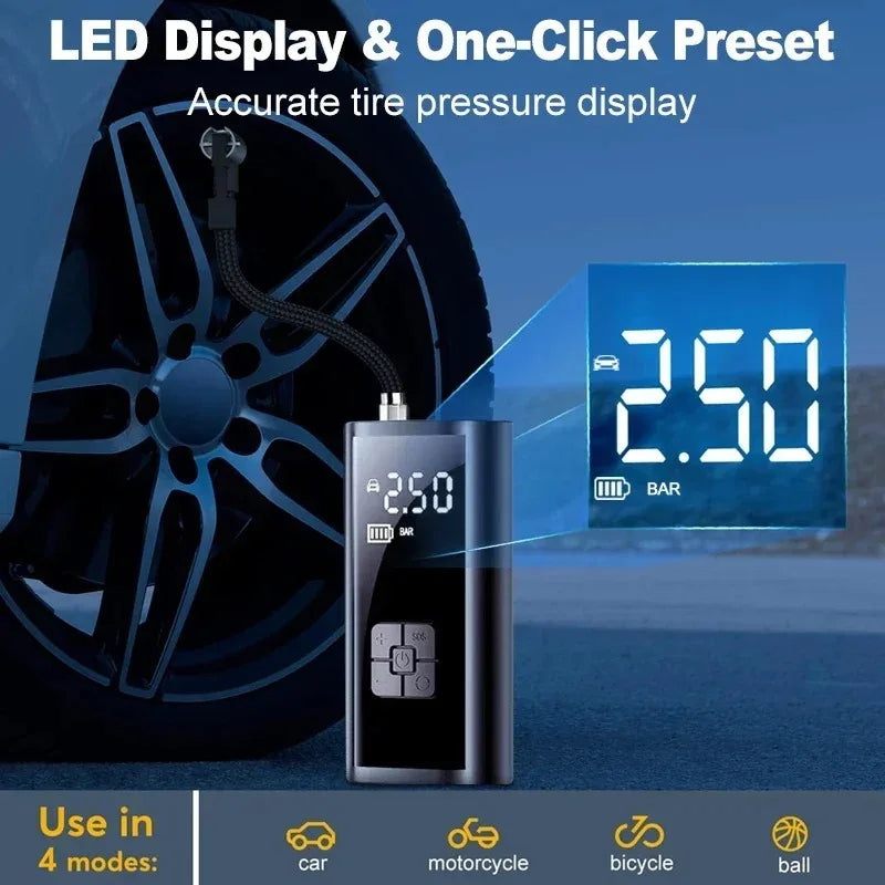 Bomba de Ar Sem Fio para Carro, Compressor de Ar, Inflador de Pneus com Luz LED, Inflador de Pneus Elétrico 150Psi para Carros, Motos e Bicicletas