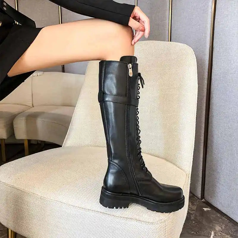 Krazing pot-botas de couro genuíno com cordões e saltos baixos, dedo do pé redondo, punk, superstar, fecho de fivela, sobre o joelho, tamanho grande
