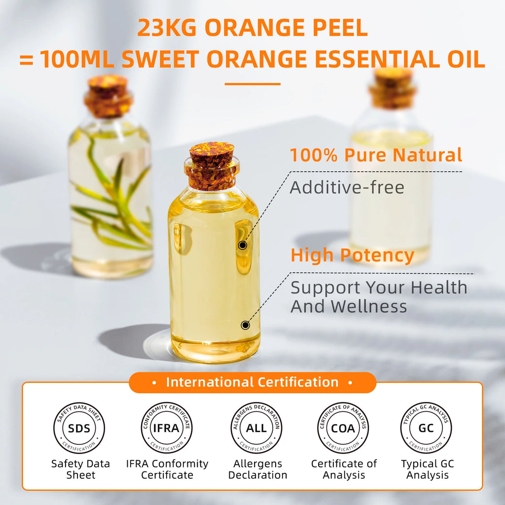 Óleos Essenciais de Laranja Doce HIQILI, Natureza 100% Pura, Aromaterapia, Difusor, Umidificador, Massagem, Ar Fresco, Vela, 100ml