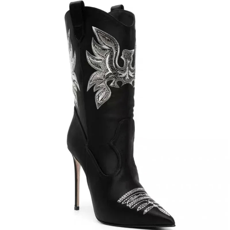 Moda feminina europeia e americana salto alto apontado ocidental denim bordado linha joelho manga alta botas de strass