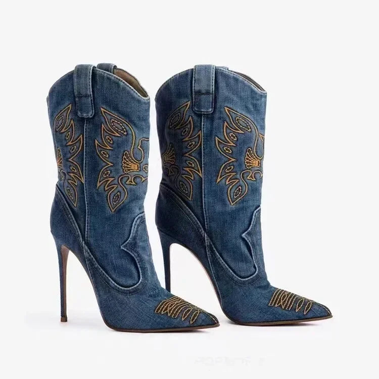 Moda feminina europeia e americana salto alto apontado ocidental denim bordado linha joelho manga alta botas de strass