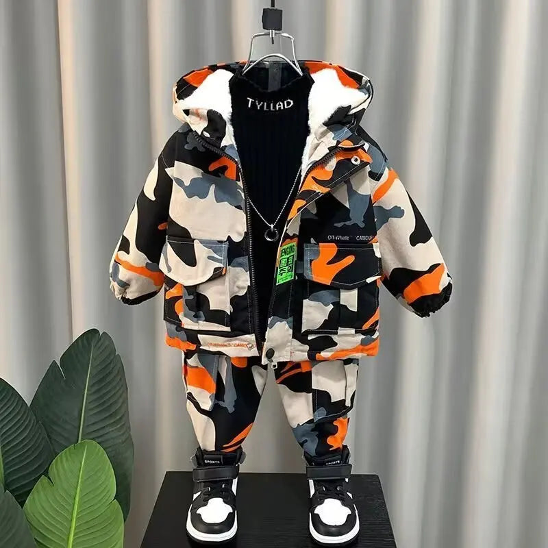 Casaco de blusão infantil com capuz, jaqueta de menino coreano, roupas infantis, camuflagem bonito, quente, inverno, outono, novo