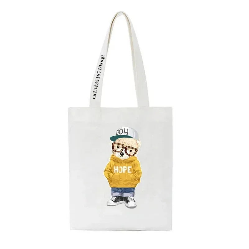 Moda urso impressão eco mulheres sacos de ombro bolsa feminina lona saco de compras casual grandes senhoras viagem totes sacos
