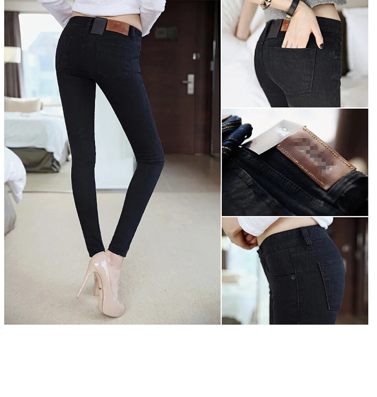Calça Jeans Fena Skinny de Cintura Baixa Elástica e Esticável para Outono, Calça Longa Preta de Nove Pontos com Efeito Le...