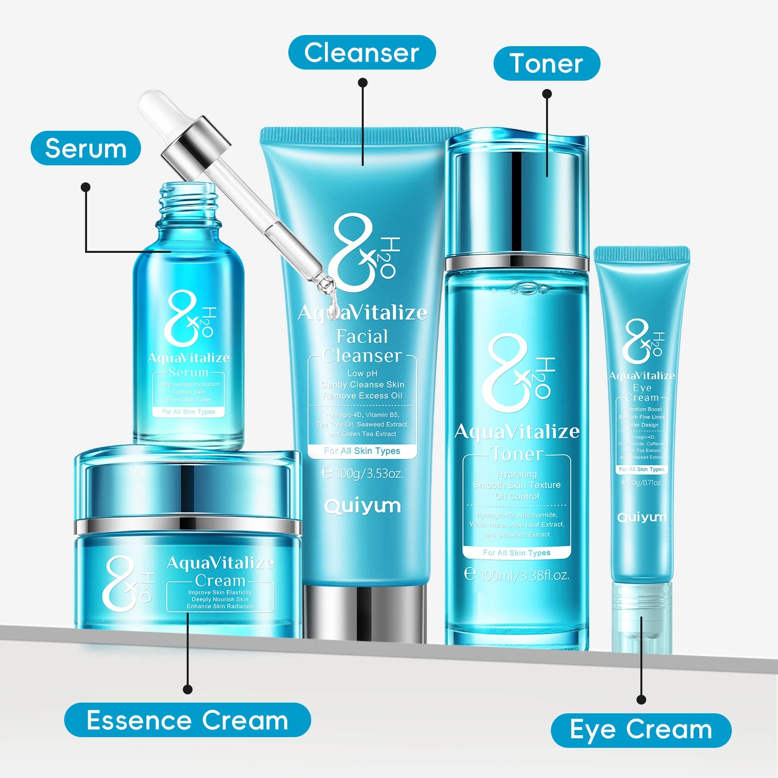 QUIYUM 8X H2O AquaVitalize Skincare Set 5PCS Kit de hidratação profunda Rugas Suavização Tratamento de aperto Conjunto de presente