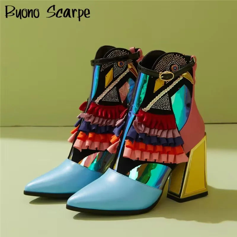 Botas femininas de cor misturada novetly dedo do pé apontado plataforma de fundo grosso botas de tornozelo feminino blingbling sapatos mujer moderna bota todos os jogos