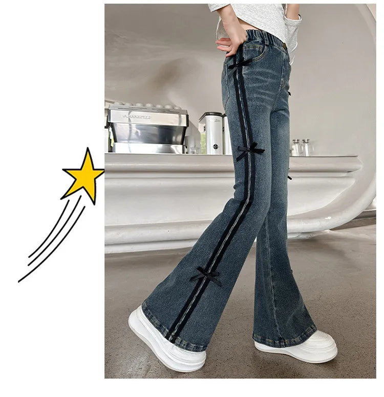 Crianças inverno fino ajuste bootcut flanela forrado jeans para meninas elegante isolado queimado calças jeans crianças calças térmicas quentes