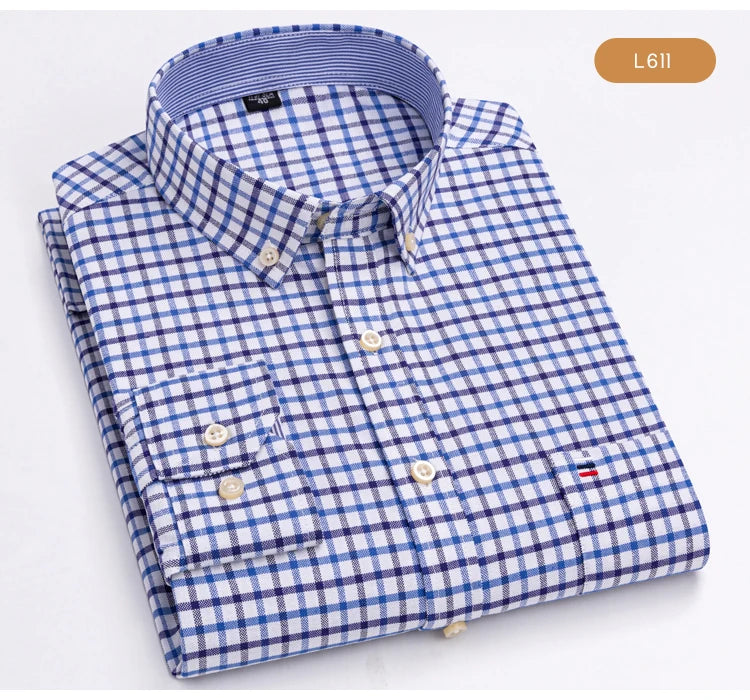 Camisas de vestido de algodão com design de gola de lapela listrada xadrez na moda masculina, camisa casual de manga comprida com botões para primavera/outono