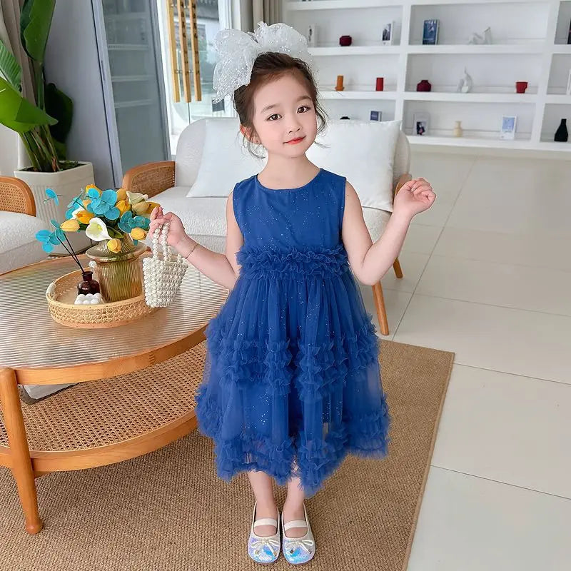 Novo Vestido Estilo Coreano 2026 para Crianças, Vestido de Verão Doce com Alças e Tule para Meninas