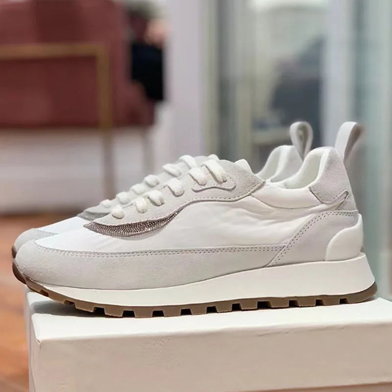 Sapatos casuais mulher dedo do pé redondo corrente corda grânulo conforto tênis de corrida senhoras camurça vaca retalhos rendas até tênis planos