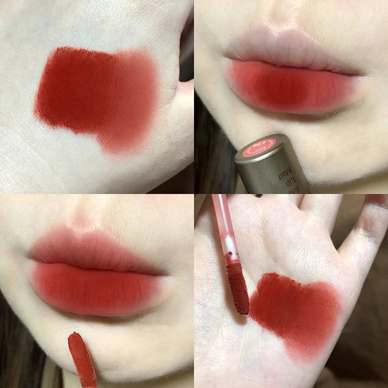 Batom fosco de veludo vermelho escuro, à prova d'água, longa duração, fosco, brilho labial, copo antiaderente, maquiagem labial, maquiagem cosmética