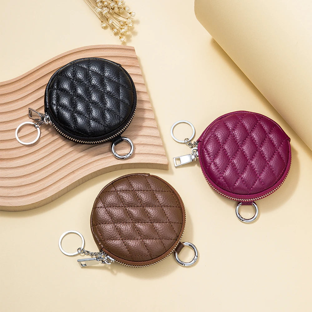 Mini porta-moedas de couro real para mulheres, carteira de costura de diamante mini organizador, bolsa de dinheiro pequena para chaves e fone de ouvido