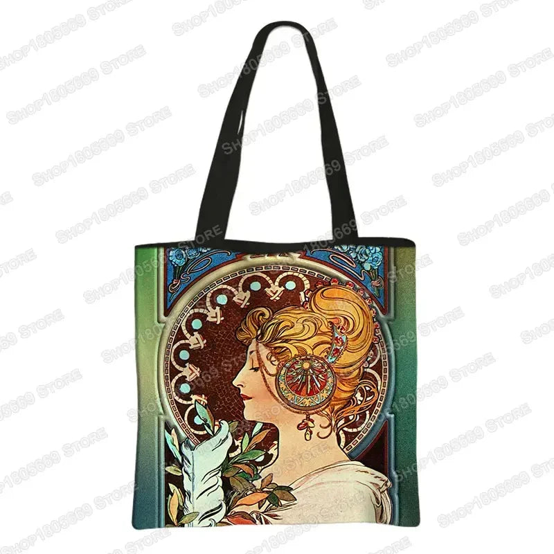 Alphonse Beauty Print Bolsa para Mulheres, Sacos De Compras De Armazenamento Reutilizável, Totes Casuais, Pintura A Óleo, Elegante Senhoras Tote