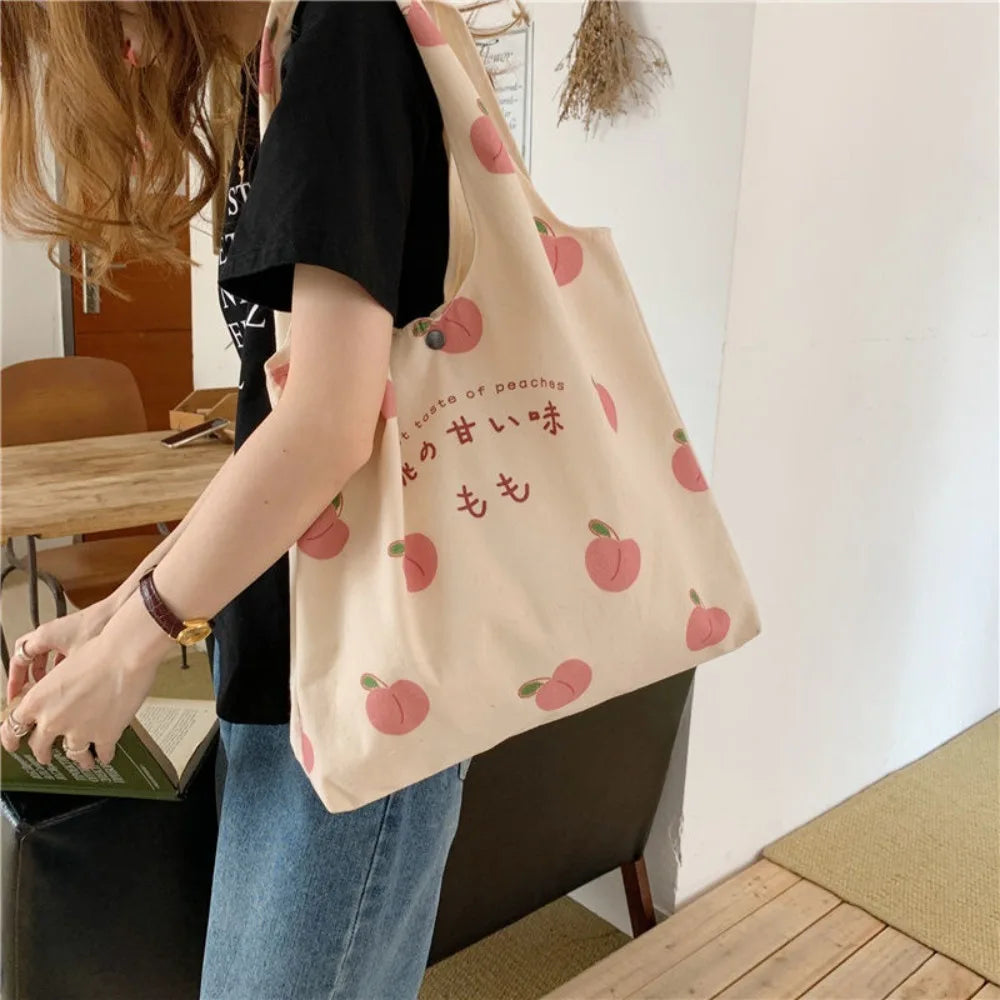 Sacola de morango bonito para meninas da escola, bolsas estéticas, bolsa Shopper Designer, mulheres Peach Print, bolsas de ombro Eco