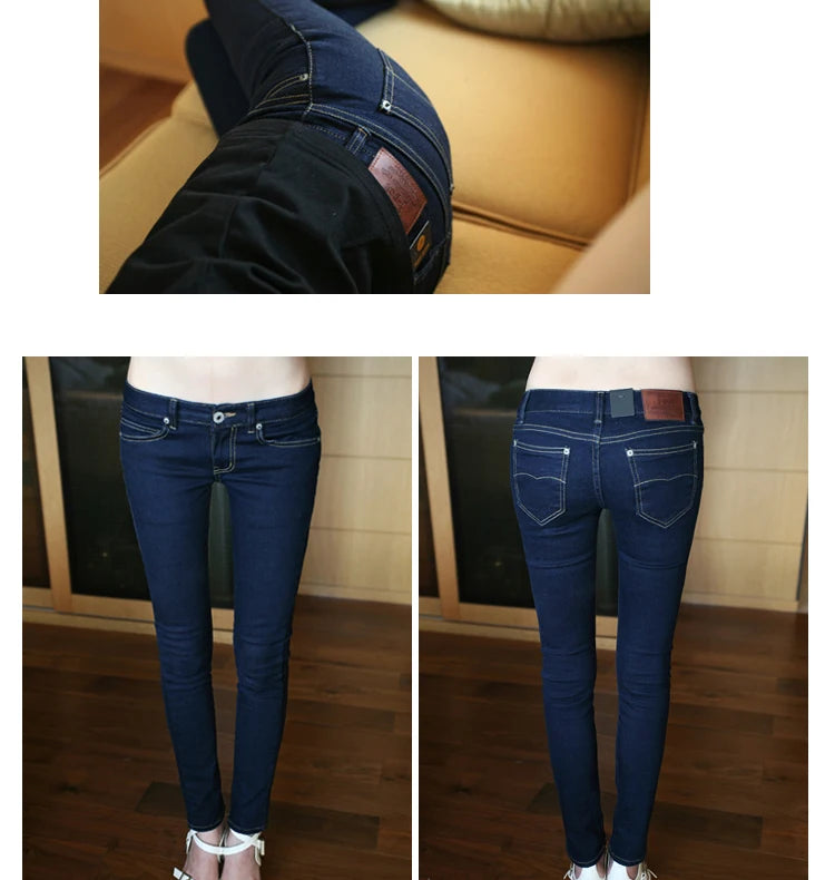 Calça Jeans Fena Skinny de Cintura Baixa Elástica e Esticável para Outono, Calça Longa Preta de Nove Pontos com Efeito Le...