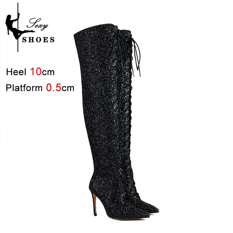 Botas femininas de lantejoulas acima do joelho, salto alto fino, botas longas pontiagudas, sapatos de festa para senhora, moda boate, 10cm, outono e inverno