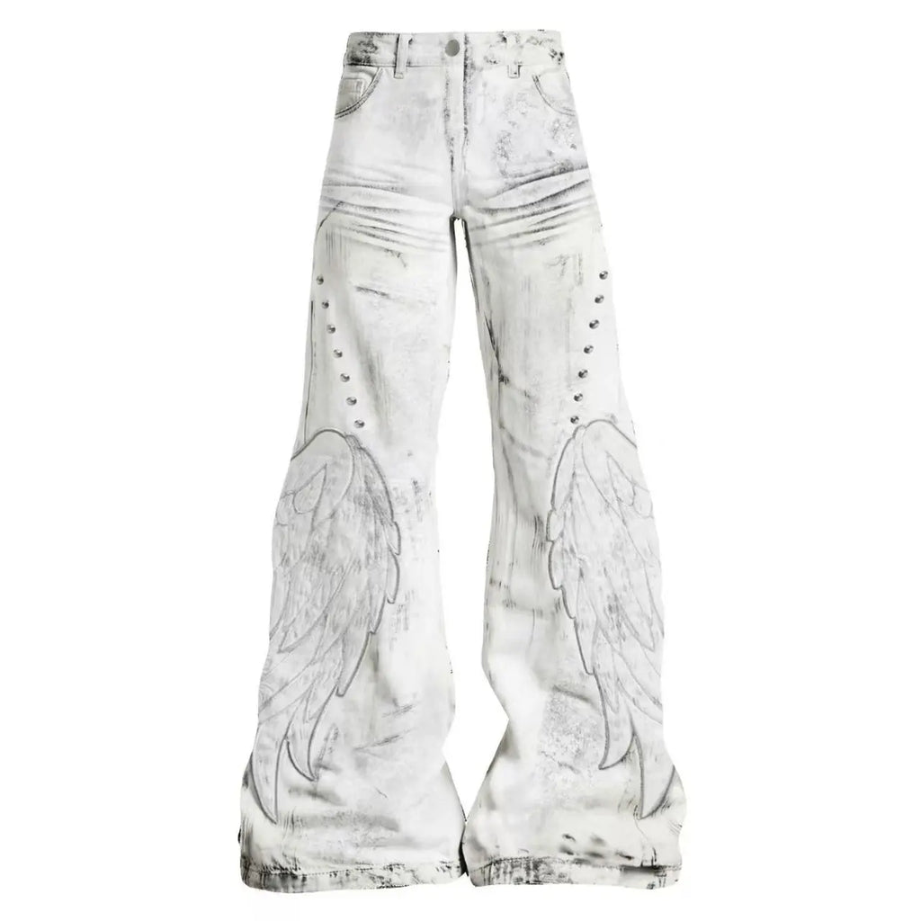 Calças Femininas Americanas Retrô Hot Girl Tie-Dye de Cintura Alta Boca de Sino Slim Rasgadas Novas de Outono e Inverno Lavadas Casuais