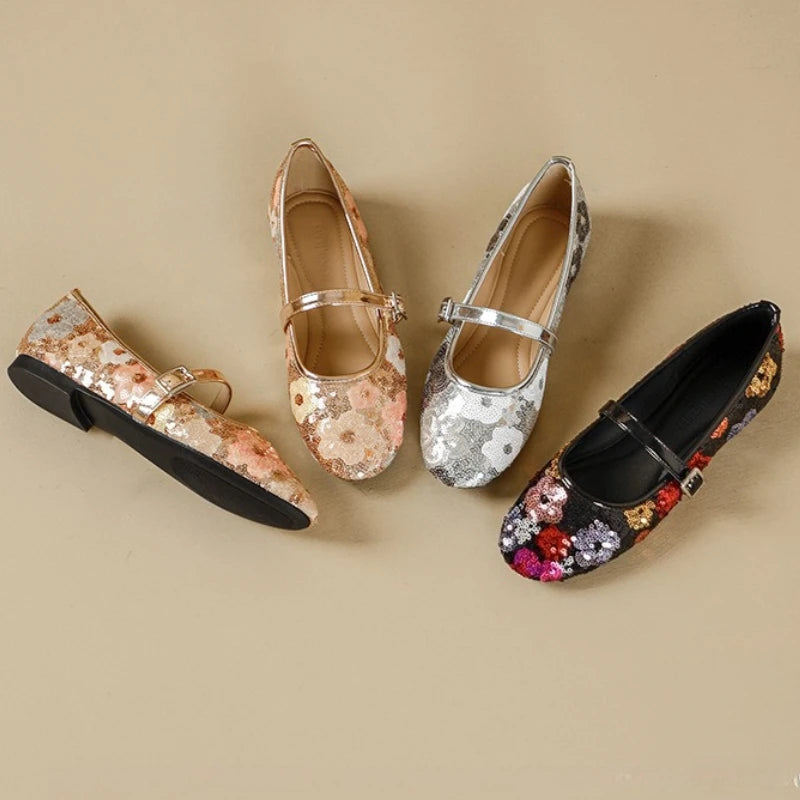 Luxo bling ballet flats feminino dedo do pé redondo colorido floral fivela design mary jane sapatos elegantes sapatos de festa conforto sandálias planas
