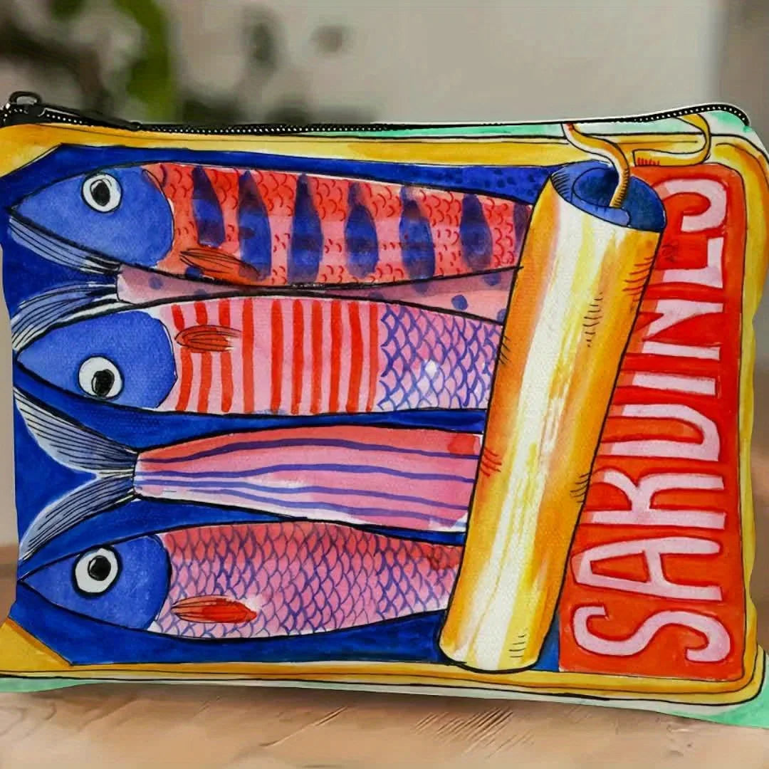 Bolsa de maquiagem com zíper resistente ao desbotamento durável - Organizador de viagem multifuncional com design retrô de sardinas para cosméticos, lanches, moedas